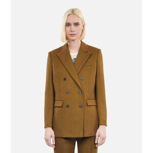 Kooples Womens Double-Breasted Wool Jacket Brown Straight Lapel Italian Fabric